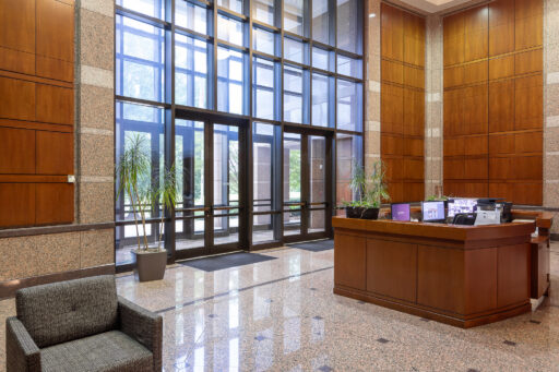 Wood and glass lobby for corporate office photography