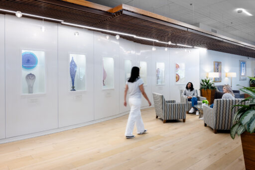 Art glass and friends meet in lobby during architectural photo shoot