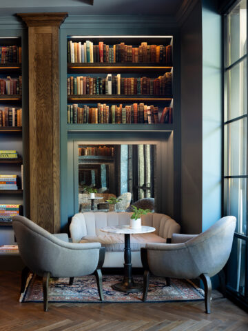Photography of the library at the Restoration Hotel in Asheville.